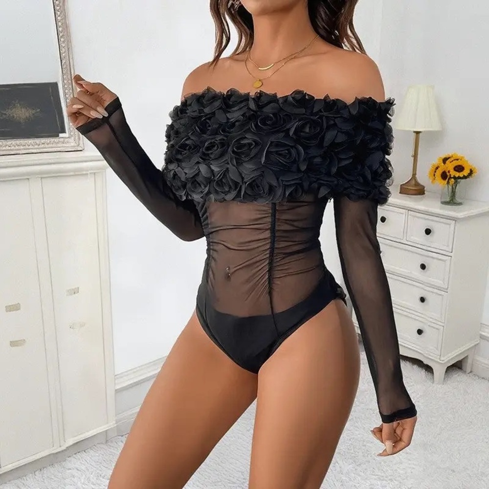 Sheer Mesh Off-Shoulder Bodysuit with 3D Floral Details
